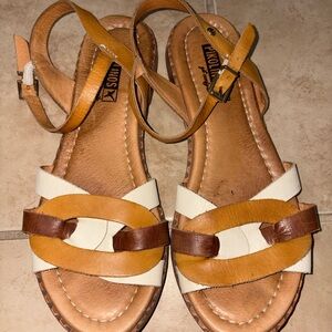 PIKOLINOS Tan, Brown & Cream Leather Woven Ankle-Strap Sandals